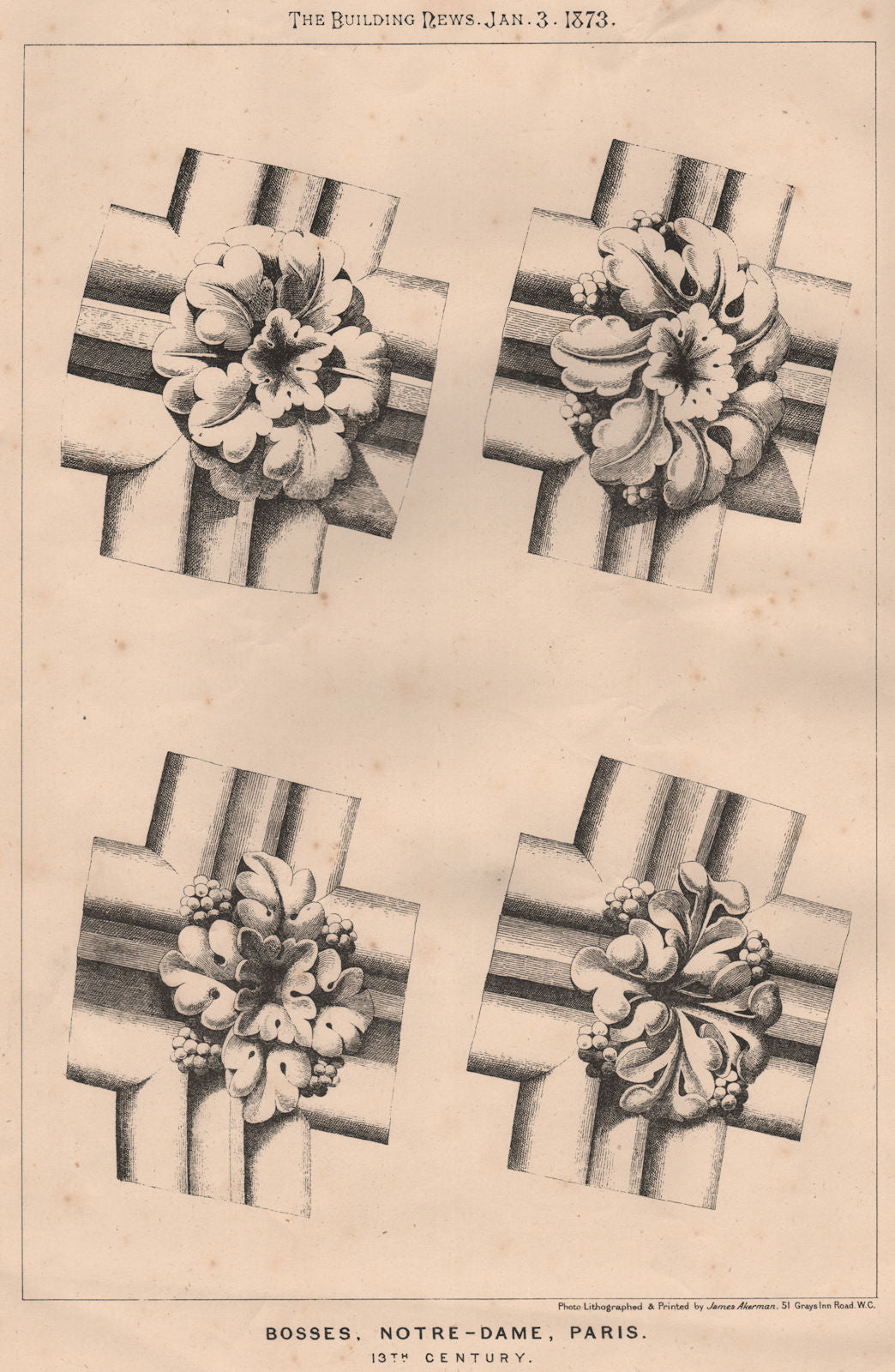 Bosses, Notre-Dame, Paris; 13th Century 1873 old antique vintage print picture